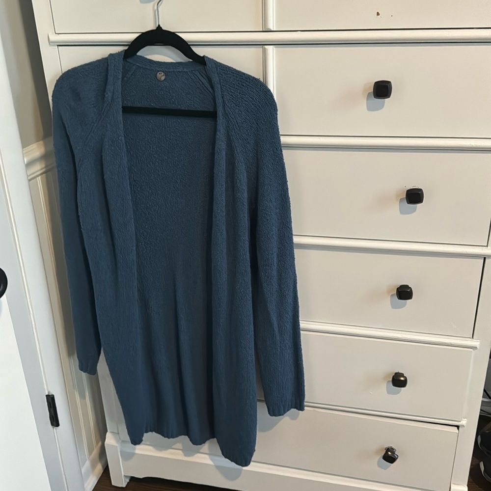 Margaret O’Leary Open Front Blue Knit Cardigan With Tie- Size Small